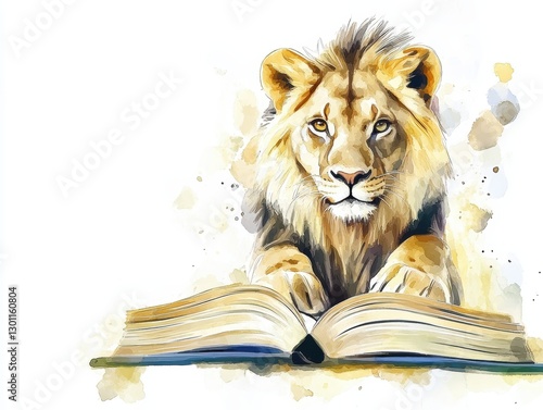 Lion reading a book wisdom unleashed watercolor art creative space serene environment captivating viewpoint