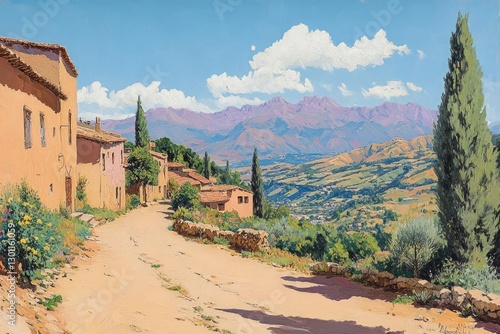 A sun-drenched landscape painting depicts a dirt road winding through a small village of terracotta buildings, overlooking a vast valley and distant mountain range under a partly cloudy sky photo