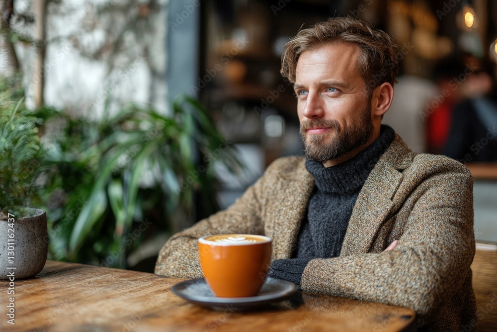 A man in a brown coat sits at a cafe table with a cup of coffee in front of him, looking thoughtfully out the window. A man in a brown coat sits at a cafe table with a cup of coffee in front of him, looking thoughtfully out the window.