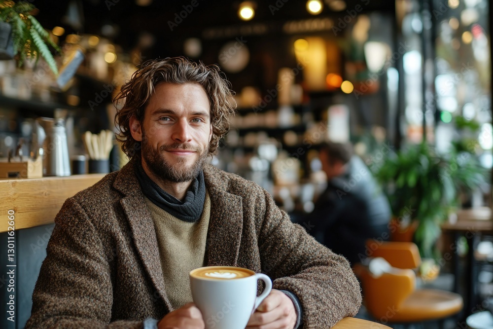 A young man with a beard smiles while holding a latte in a cafe. A young man with a beard smiles while holding a latte in a cafe.