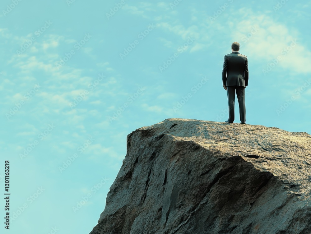 Ambitious businessman standing on a rocky peak outdoor landscape inspirational concept art Ambitious businessman standing on a rocky peak outdoor landscape inspirational concept art