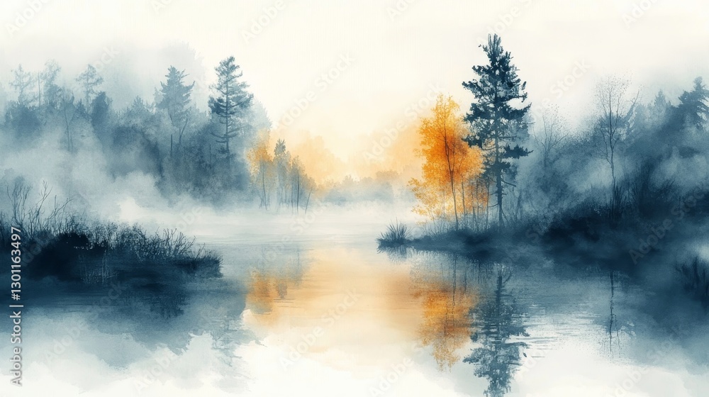 misty landscape with trees and water reflection. misty landscape with trees and water reflection.