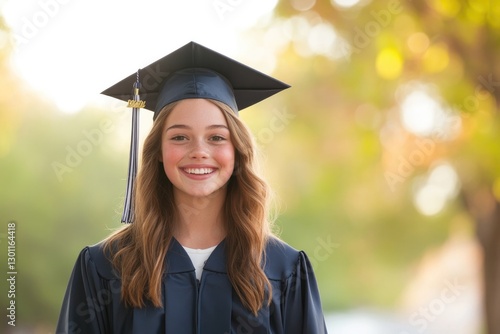 young graduate in cap and gown stands beaming against soft blurred background conveying pride and achievement