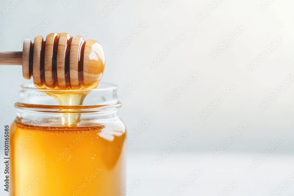 photo of glass honey jar with wooden dipper resting on top placed on clean white background photo of glass honey jar with wooden dipper resting on top placed on clean white background