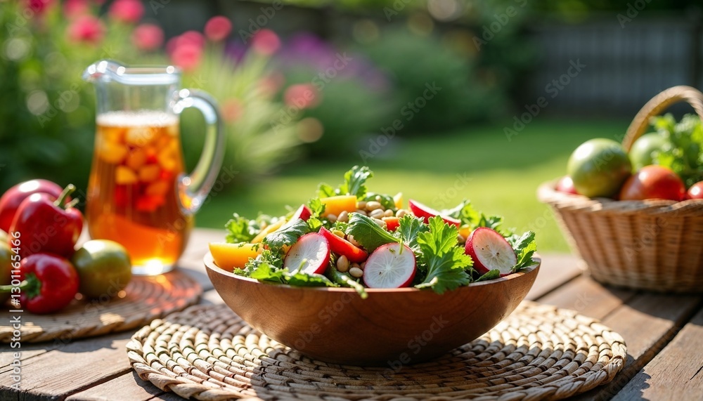 Bowl of fresh salad with colorful vegetables on a wooden table in a garden with drinks Bowl of fresh salad with colorful vegetables on a wooden table in a garden with drinks