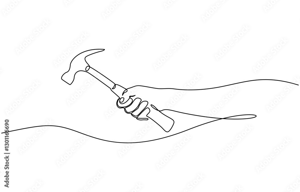 Obraz premium Continuous one line drawing of hammer. One line of hammer, Hammer in hand as one line drawing banner. Continuous hand drawn minimalist minimalism design.