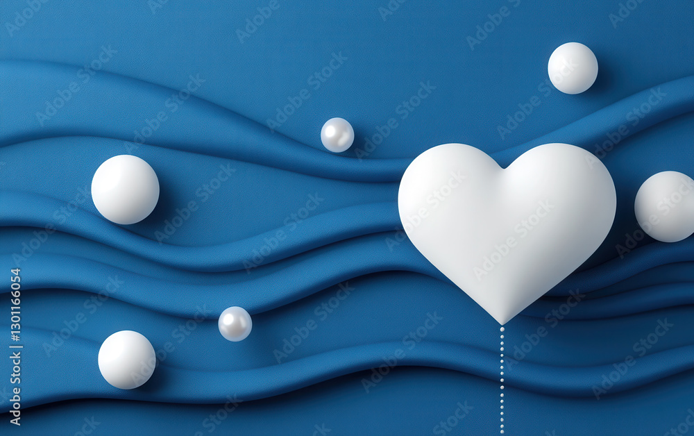 white heart shape surrounded by floating spheres on blue textured background creates serene and modern design. gentle waves add depth and calming effect white heart shape surrounded by floating spheres on blue textured background creates serene and modern design. gentle waves add depth and calming effect