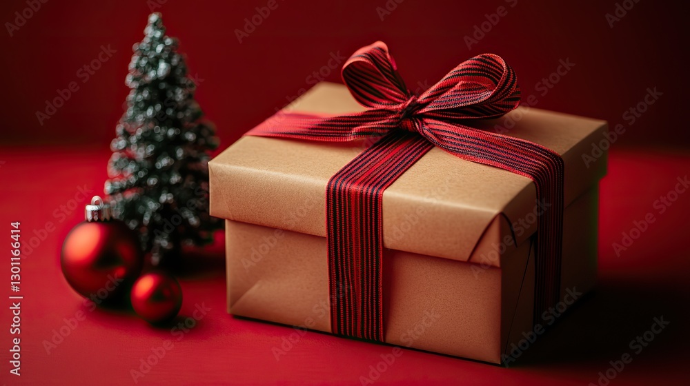 A craft envelope tied with a striped ribbon and a tree toy, isolated on a red background. A craft envelope tied with a striped ribbon and a tree toy, isolated on a red background.