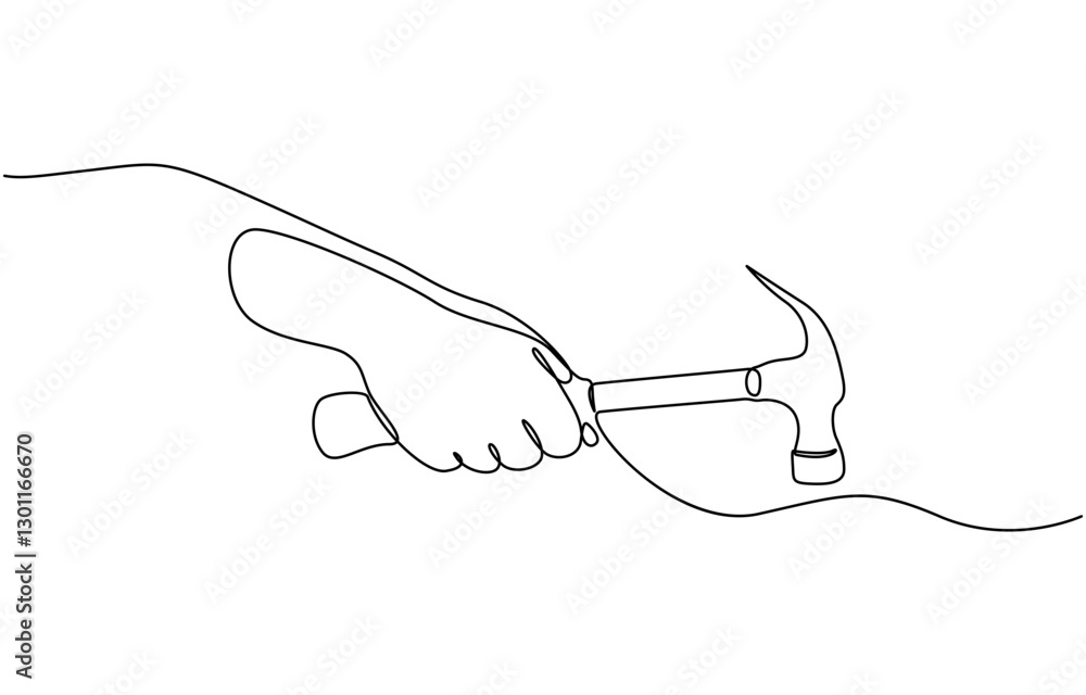 Continuous one line drawing of hammer. One line of hammer, Hammer in hand as one line drawing banner. Continuous hand drawn minimalist minimalism design. Continuous one line drawing of hammer. One line of hammer, Hammer in hand as one line drawing banner. Continuous hand drawn minimalist minimalism design.