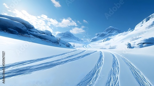 Breathtaking snowy landscape with multiple sets of ski tracks crisscrossing the pristine undulating hills under a clear azure sky  Serene and peaceful winter outdoor scenery in a mountainous photo