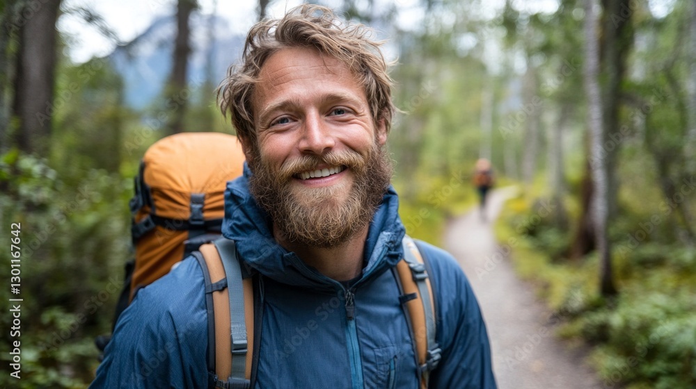 A European man with a beard smiles broadly while enjoying a nature trail surrounded by tall trees and lush greenery during a beautiful day outdoors A European man with a beard smiles broadly while enjoying a nature trail surrounded by tall trees and lush greenery during a beautiful day outdoors