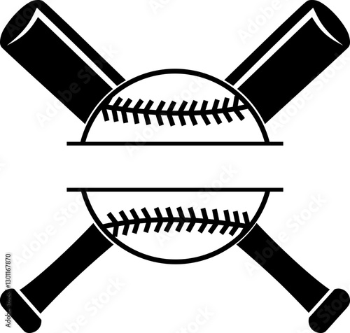 Pair of crossed baseball bats and cantered baseball. featuring a horizontal cutout for custom text. and vertical stitching.