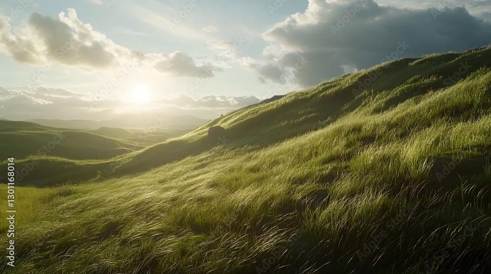Fototapeta premium Sunlight Illuminates Lush Sweeping Grass on Rolling Hillside Serene Picturesque Countryside Landscape in Cinematic Style