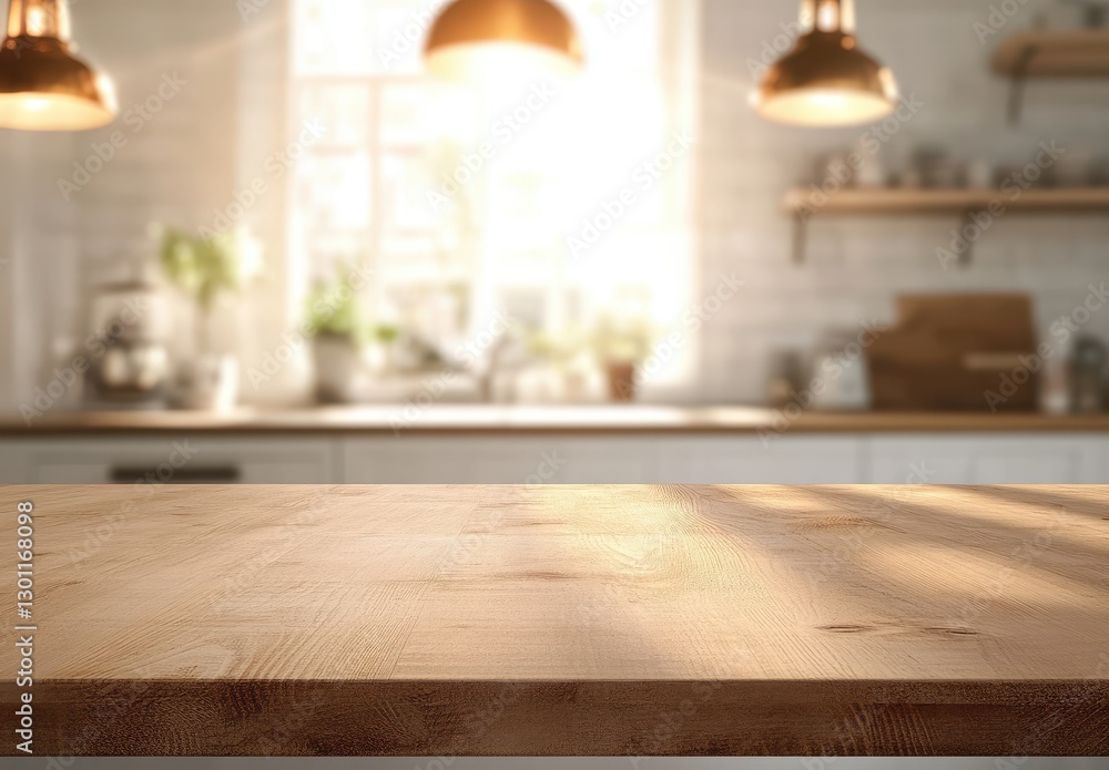 Bright Kitchen Interior with Sunlight Streaming Through Windows onto a Wooden Countertop and Stylish Pendant Lights Above Bright Kitchen Interior with Sunlight Streaming Through Windows onto a Wooden Countertop and Stylish Pendant Lights Above