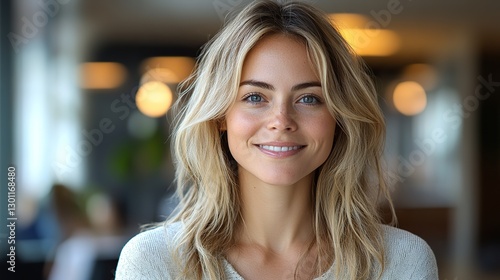 A delighted blonde woman smiles at the viewer in a sleek office setting with collaborating colleagues during a professional development session.