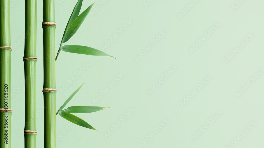 Obraz premium Minimalist bamboo engravings in deep jade green over a pale gold background, evoking tranquil tropical luxury