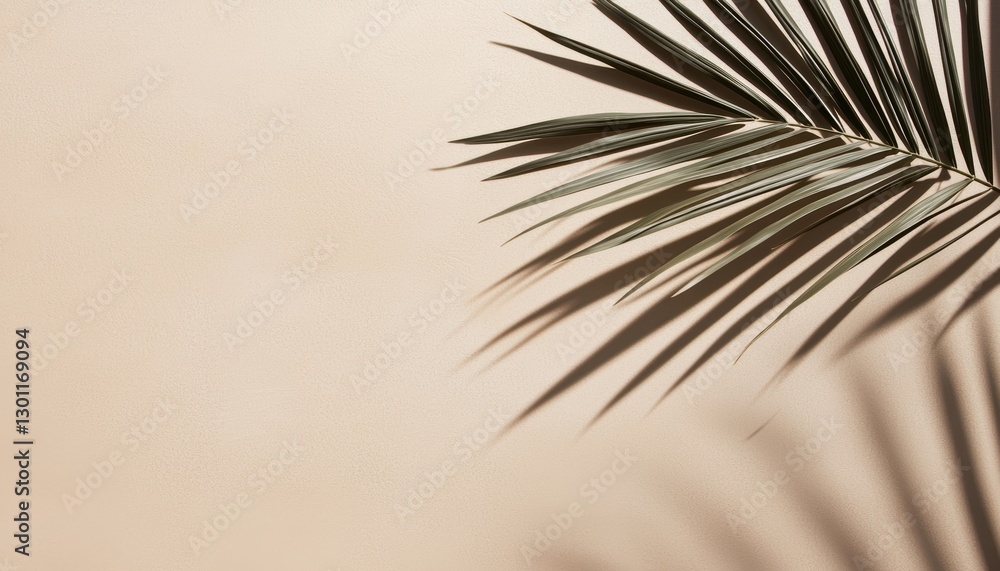 Obraz premium Minimalist palm frond shadows casting soft patterns over a warm beige backdrop