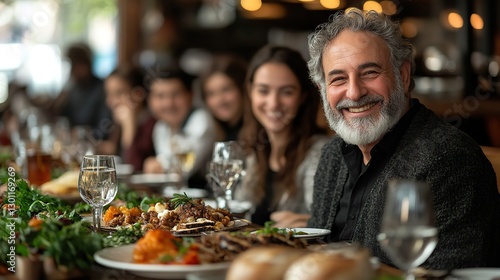 A family celebrates Passover with a festive table setting and traditional food in a restaurant.
