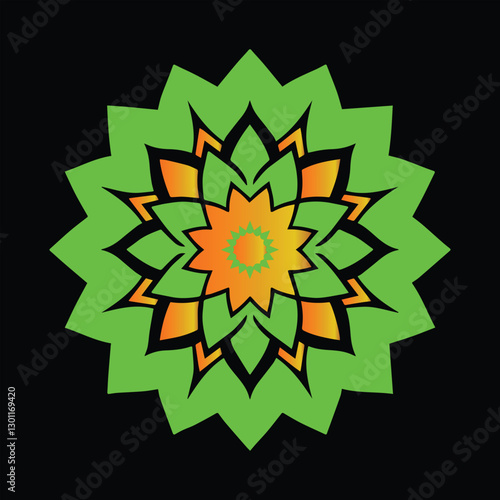 
This image showcases a beautifully intricate geometric mandala design with a striking gradient of warm colour, transitioning from golden yellow to deep red. The symmetrical floral-inspired pattern ex