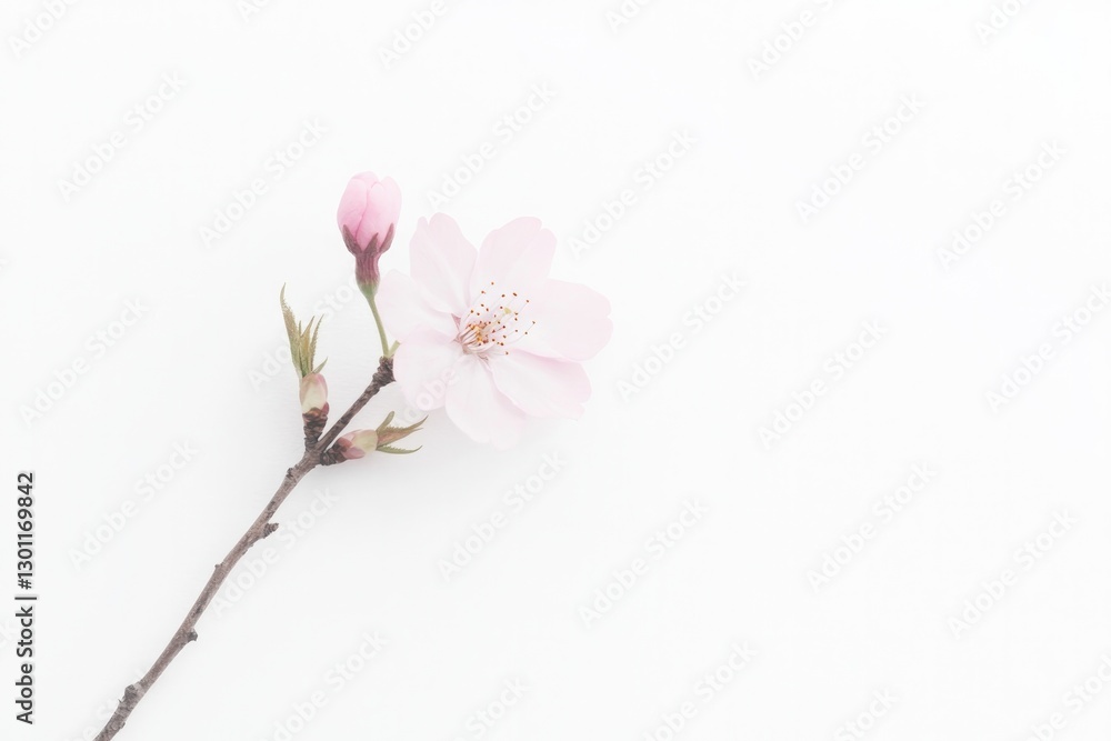 Obraz premium single delicate cherry blossom lies against pristine white background embodying arrival of spring with its soft pink