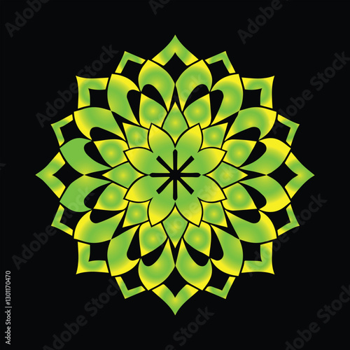 
This image showcases a beautifully intricate geometric mandala design with a striking gradient of warm colour, transitioning from golden yellow to deep red. The symmetrical floral-inspired pattern ex