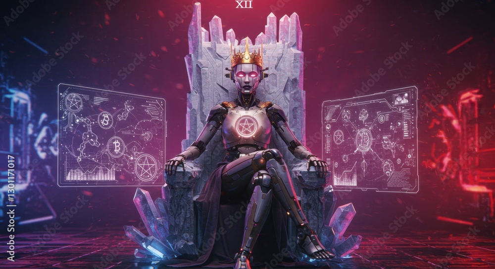 Obraz premium Cybernetic Queen of Pentacles Tarot Card: Regal Bionic Empress