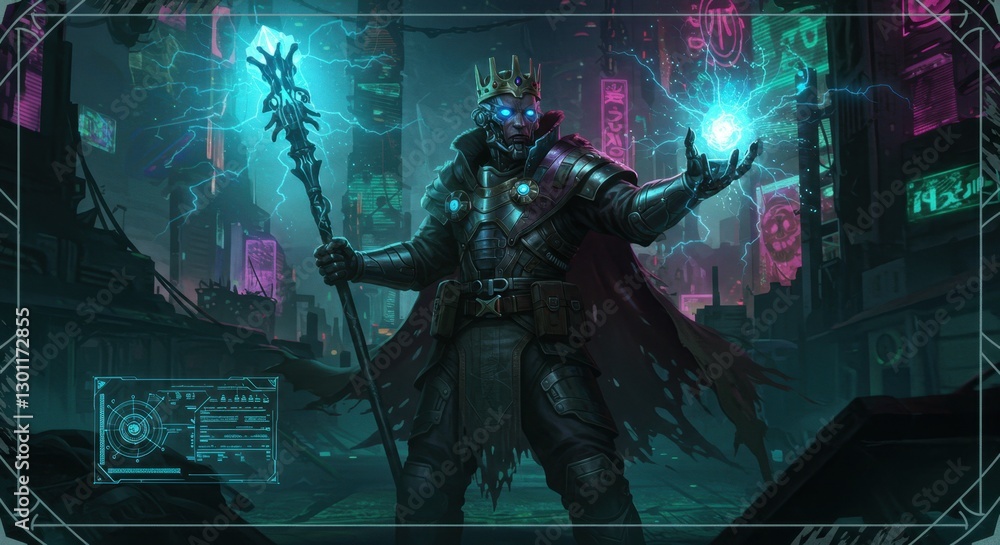 Obraz premium King of Wands Tarot Card Featuring a Cyber Warrior in a Dark Future