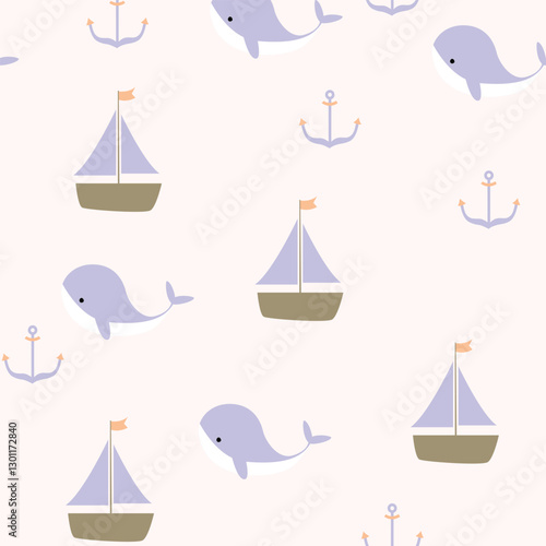 A seamless nautical pattern featuring adorable whales, sailboats, and anchors in soft pastel colors, perfect for kids designs, wallpapers, and fabrics. 