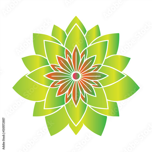 
This image showcases a beautifully intricate geometric mandala design with a striking gradient of warm colour, transitioning from golden yellow to deep red. The symmetrical floral-inspired pattern ex