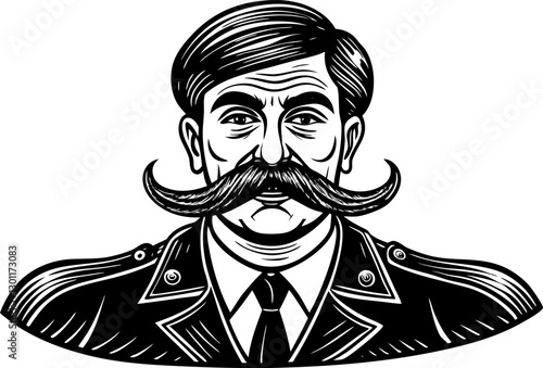 Police officer with an exaggerated, curled mustache, classic law enforcement imagery with humorous and surreal artistic style sketch engraving vector