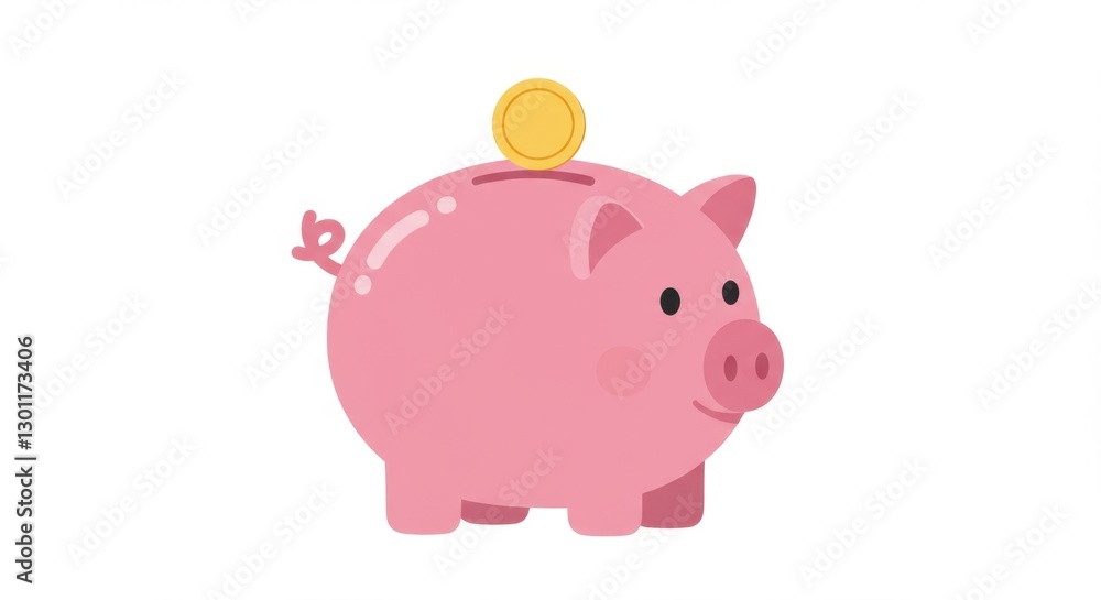 Flat Design Illustration of a Piggy Bank with a Gold Coin Dropping In Flat Design Illustration of a Piggy Bank with a Gold Coin Dropping In