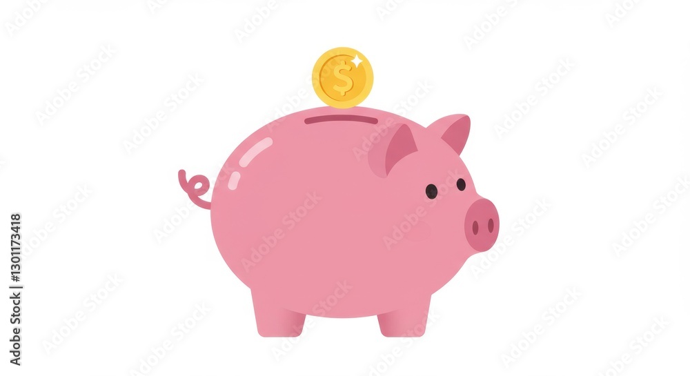 Flat Design Illustration of a Piggy Bank with a Single Gold Coin Dropping In Flat Design Illustration of a Piggy Bank with a Single Gold Coin Dropping In