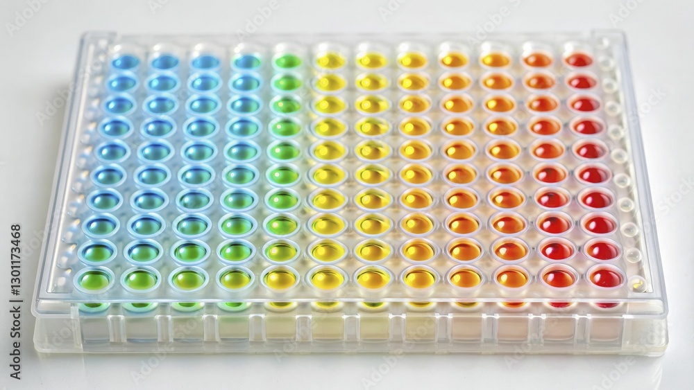 A vibrant microplate displays a gradient of colored liquids ranging from blue to red A vibrant microplate displays a gradient of colored liquids ranging from blue to red