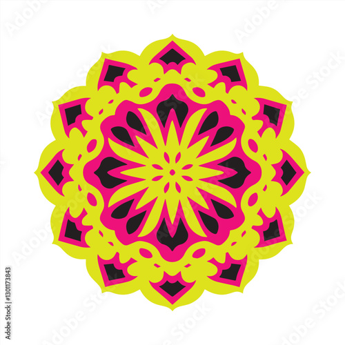 
This image showcases a beautifully intricate geometric mandala design with a striking gradient of warm colour, transitioning from golden yellow to deep red. The symmetrical floral-inspired pattern ex
