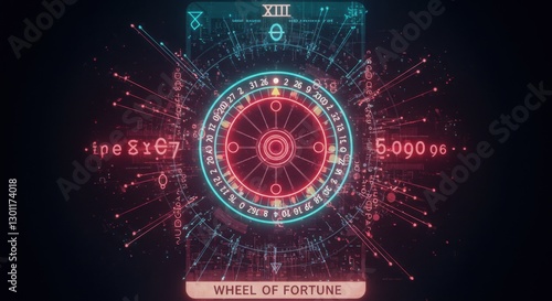 Futuristic Wheel of Fortune Tarot Card with Neon Roulette