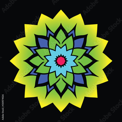 
This image showcases a beautifully intricate geometric mandala design with a striking gradient of warm colour, transitioning from golden yellow to deep red. The symmetrical floral-inspired pattern ex