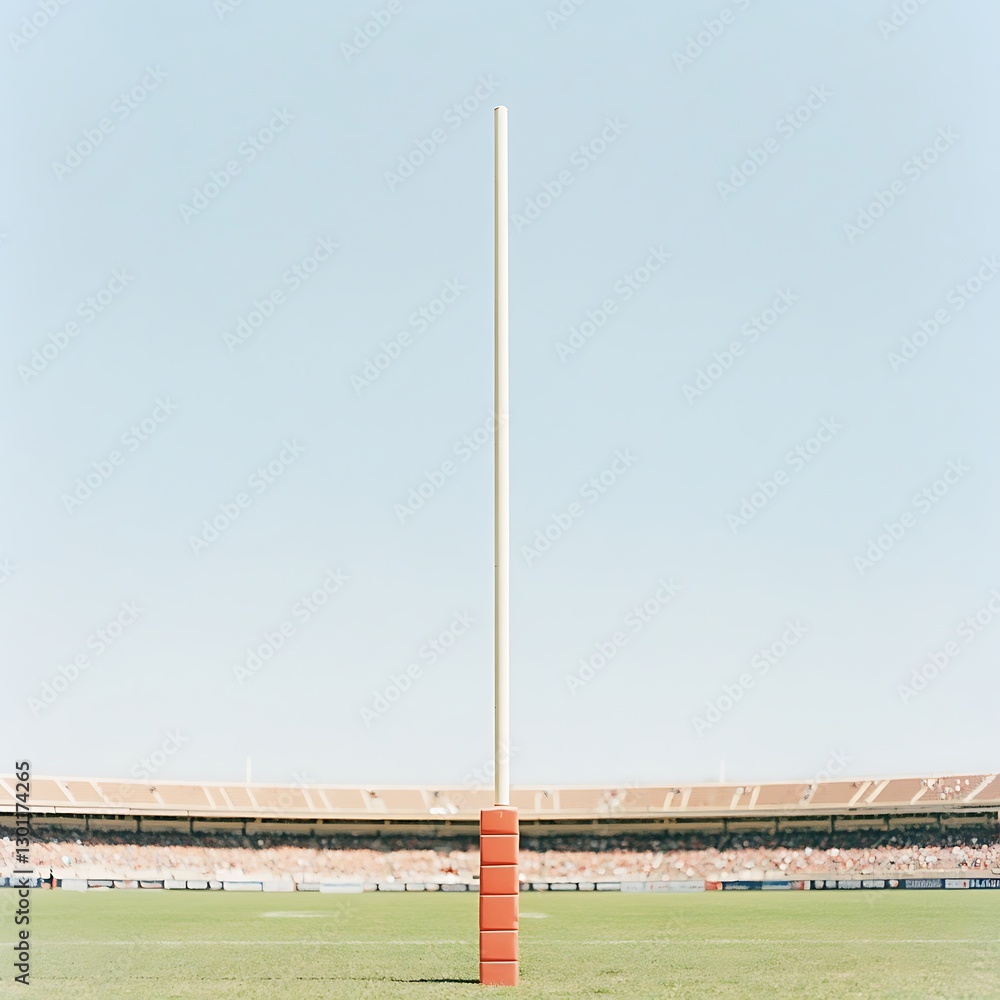 A single goalpost stands tall in a bright sunny stadium setting
