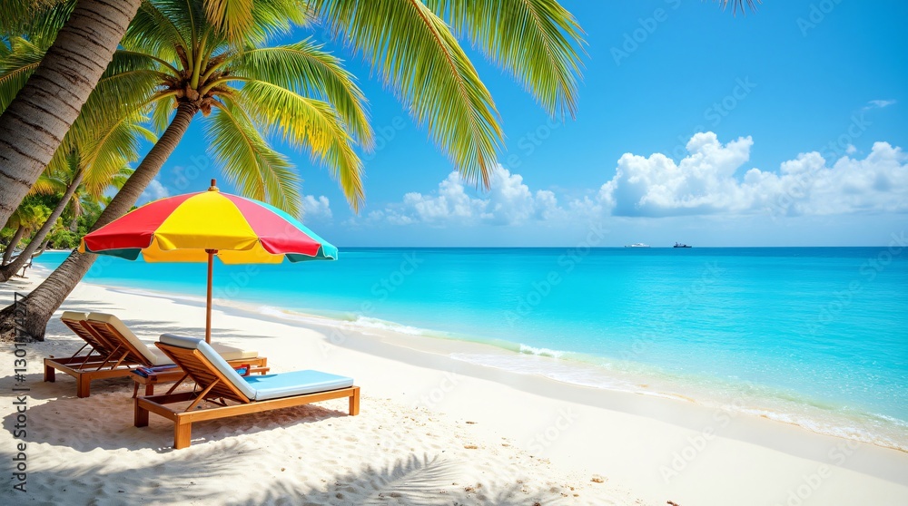 Escape to paradise! Relax on pristine white sand, under a vibrant beach umbrella, turquoise waters shimmering, palm trees swaying gently in the tropical breeze. Escape to paradise! Relax on pristine white sand, under a vibrant beach umbrella, turquoise waters shimmering, palm trees swaying gently in the tropical breeze.