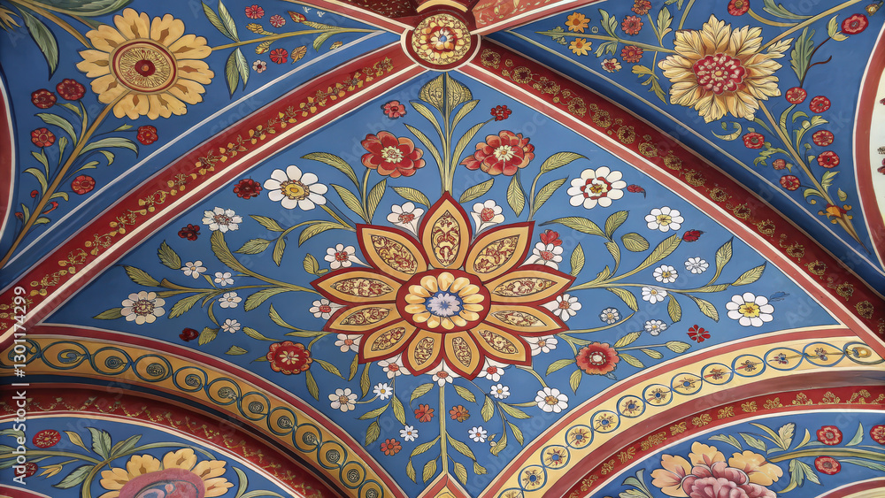 richly detailed ceiling with vibrant floral patterns and ornate designs creates stunning visual impact richly detailed ceiling with vibrant floral patterns and ornate designs creates stunning visual impact