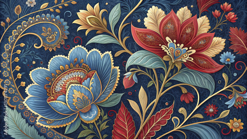 Richly detailed floral design with vibrant colors and intricate background