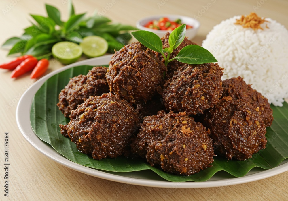A plate of Indonesian rendang, slow-cooked beef in rich coconut spices, served on a banana leaf with red chilies and fresh herbs for an authentic presentation. A plate of Indonesian rendang, slow-cooked beef in rich coconut spices, served on a banana leaf with red chilies and fresh herbs for an authentic presentation.