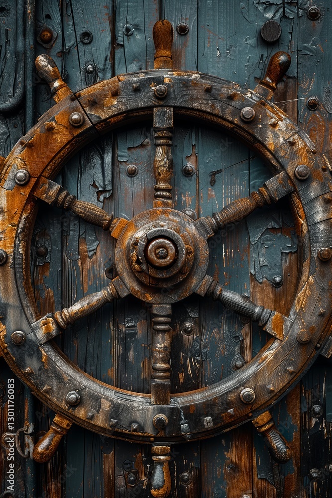 Fototapeta premium Weathered ship's wheel mounted on a rustic wooden background, reflecting nautical history and craftsmanship.