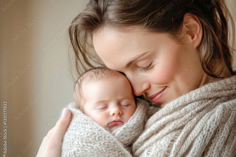 Mother holding sleeping newborn baby wrapped in knitted blanket Mother holding sleeping newborn baby wrapped in knitted blanket