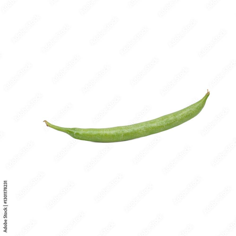 Fresh green bean on a white background showcasing its delicate curve and textures with subtle highlights and shadows Fresh green bean on a white background showcasing its delicate curve and textures with subtle highlights and shadows