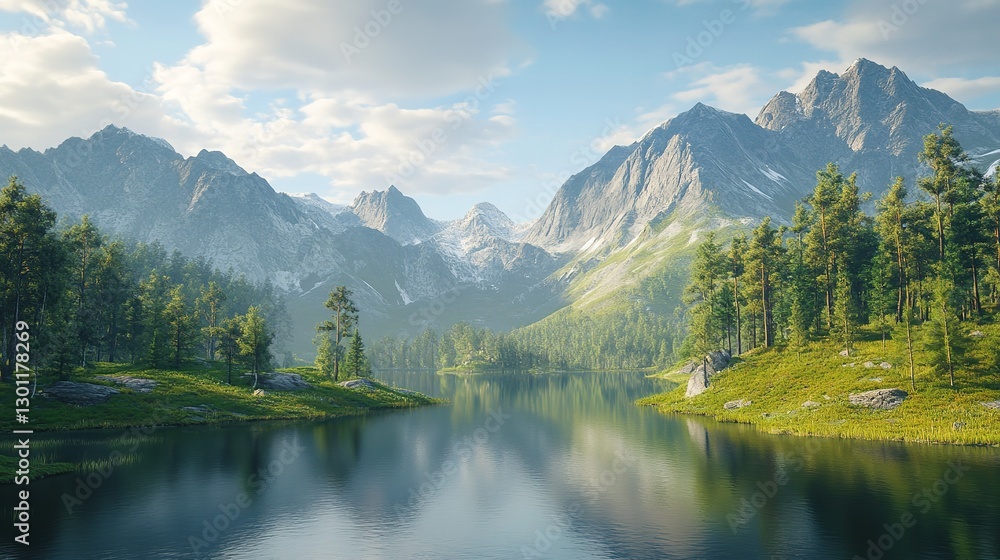 Fototapeta premium A serene.Surrounded by snow-capped mountains The lake was quiet.