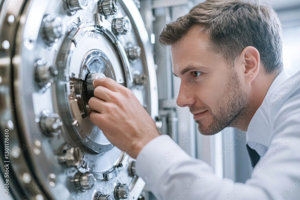 Fototapeta premium Scientist working with vacuum equipment in laboratory, adjusting settings