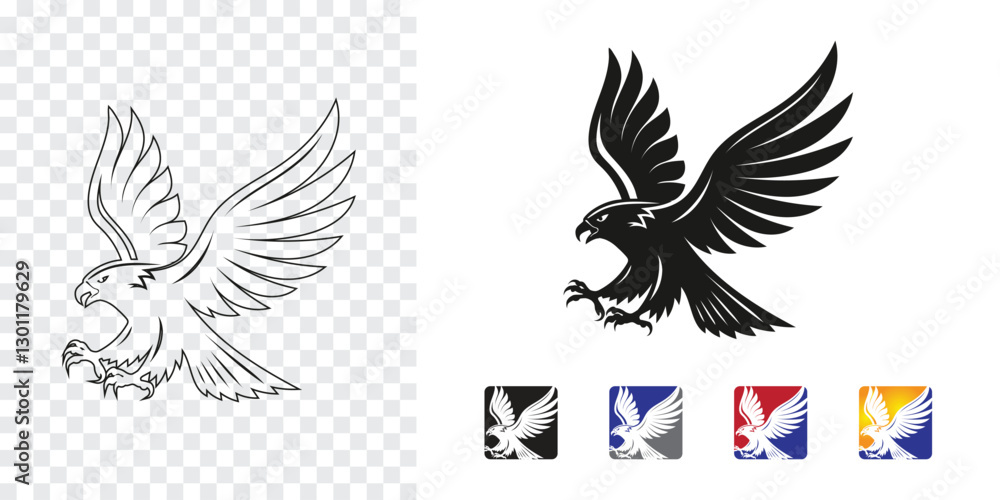 Fototapeta premium Flying eagle logo, outline and solid design, multiple color variations Falcon emblem, powerful eagle silhouette