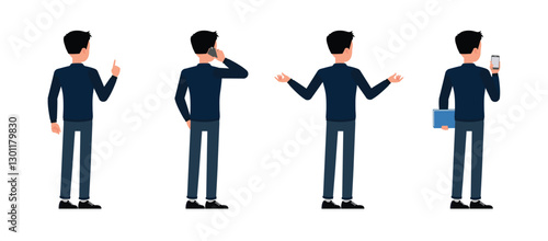 Businessman back view wear blue jacket character set. Man looking, talk on phone and point. Vector illustration design.