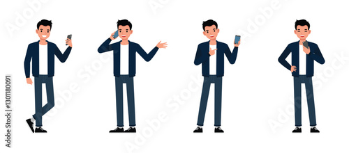 Men wear blue jacket character set. Man looking, pointing, talk on phone. Vector illustration cartoon design.
