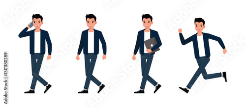Men wear blue jacket character set. Man talk on phone, walk and run. Vector illustration cartoon design.